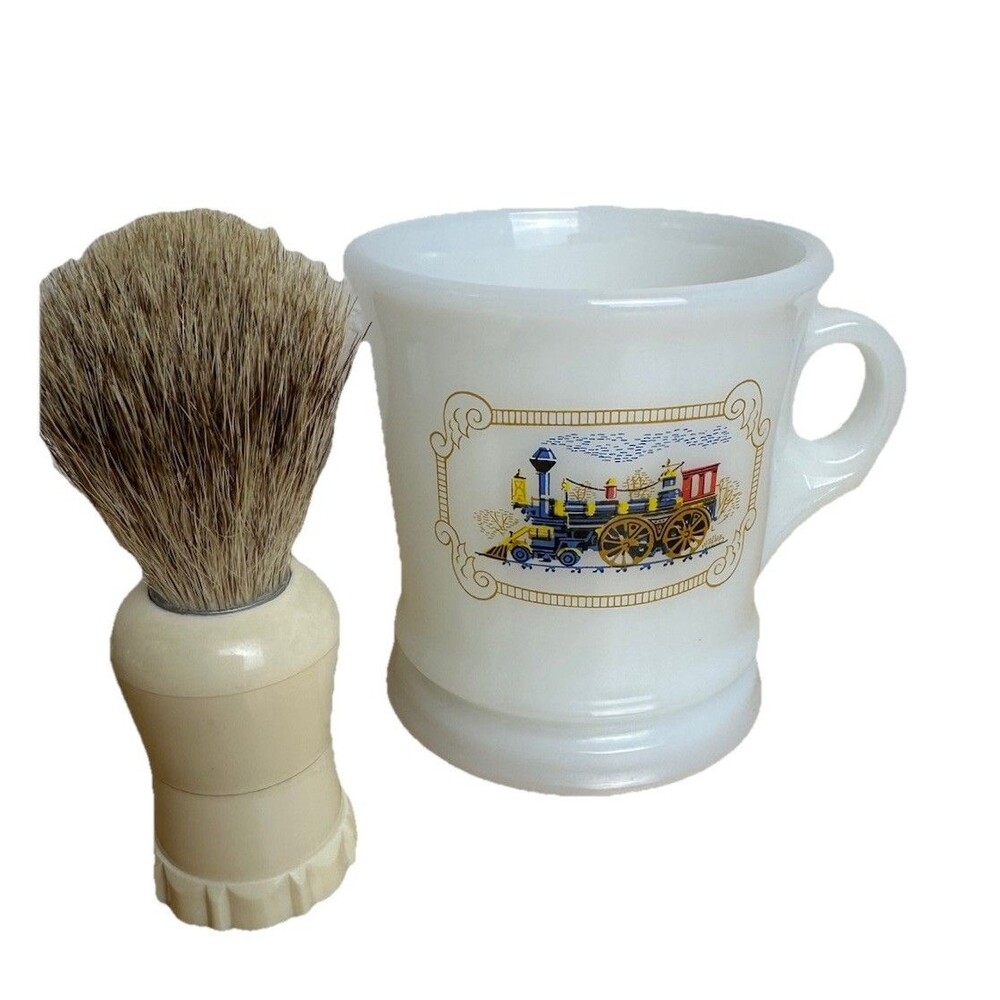 Vintage Iron Horse Milk Glass Shaving Mug Locomotive Train + Badger Hair Brush